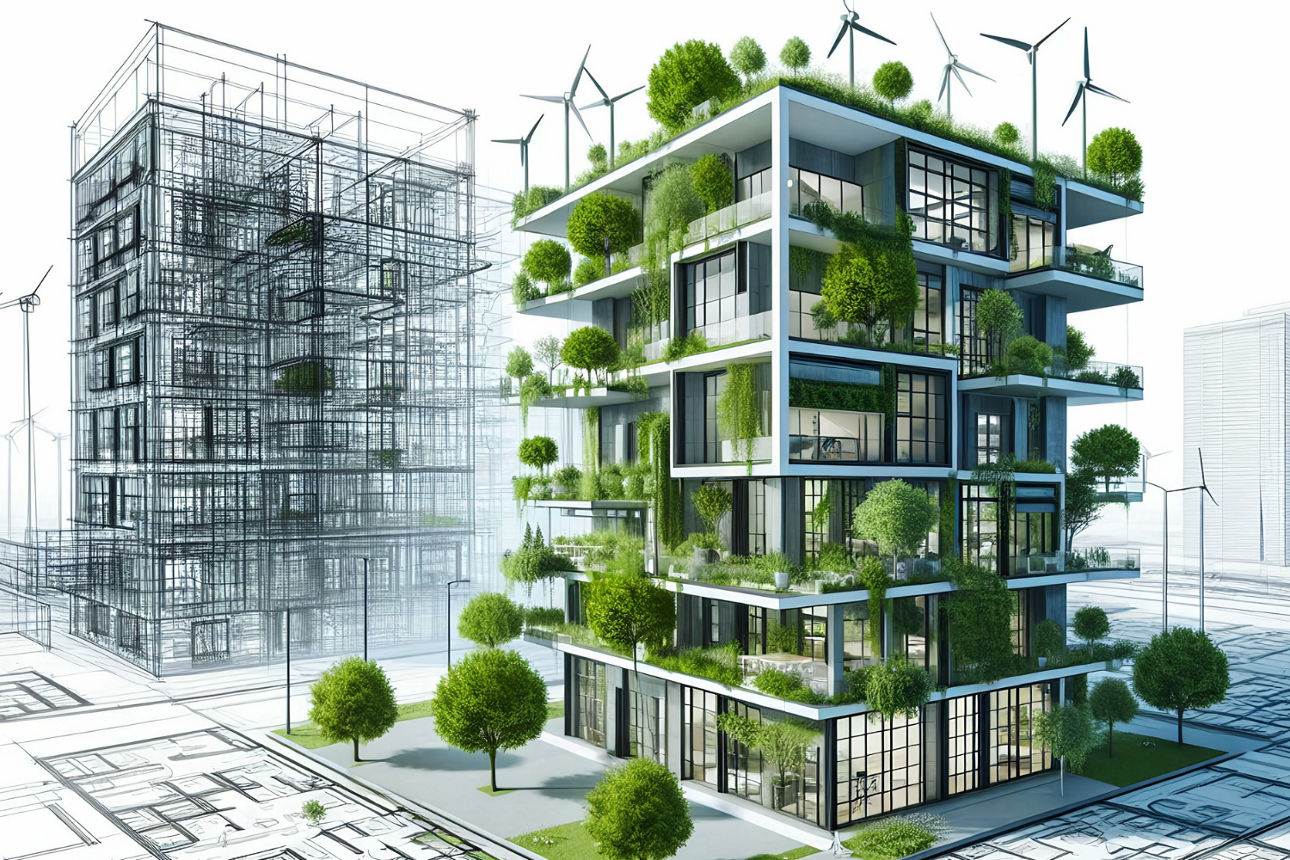 Modernes Gebäude mit üppiger Begrünung und Windturbinen, umgeben von architektonischen Zeichnungen.