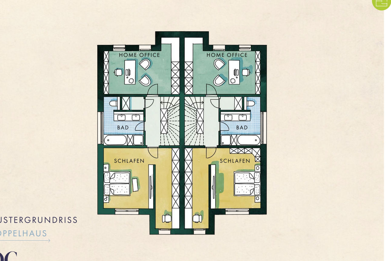 Website-Screenshot: Mustergrundriss Doppelhaus OG mit Home Office, Bad, Schlafen.