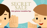 Illustration zweier Personen, die sich unterhalten; Sprechblase mit dem Text ‚Secret Sale – Mein geheimer Immobilien-Tipp