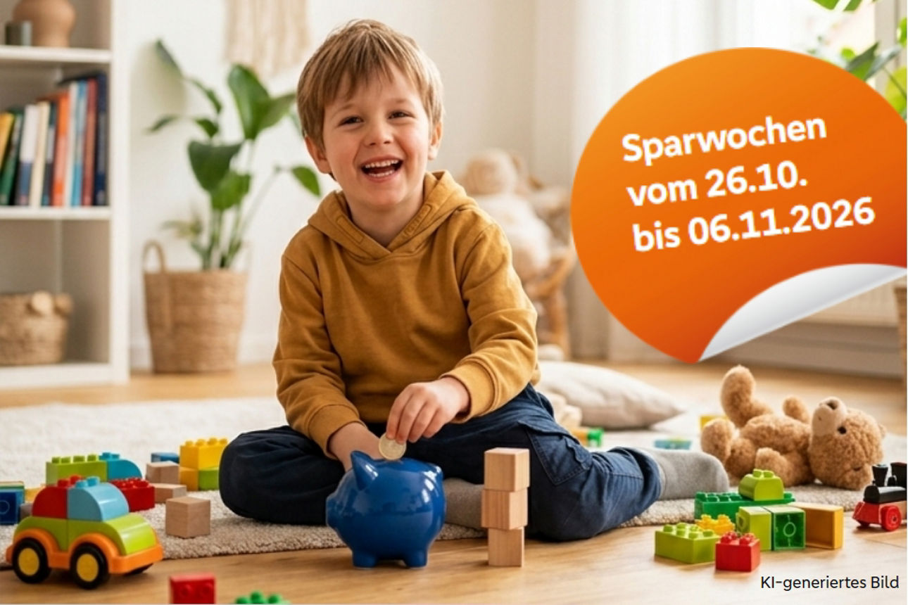 Kind spielt mit Bauklötzen und wirft Geld in sein Sparschwein