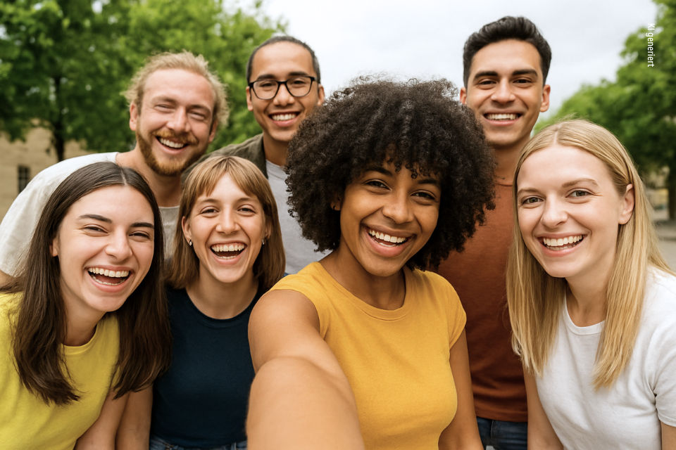 Sieben Personen stehen draußen und machen ein Selfie