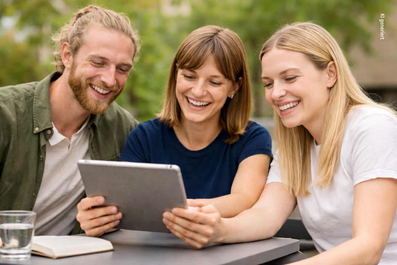 Drei Personen schauen auf ein Tablet und lachen.