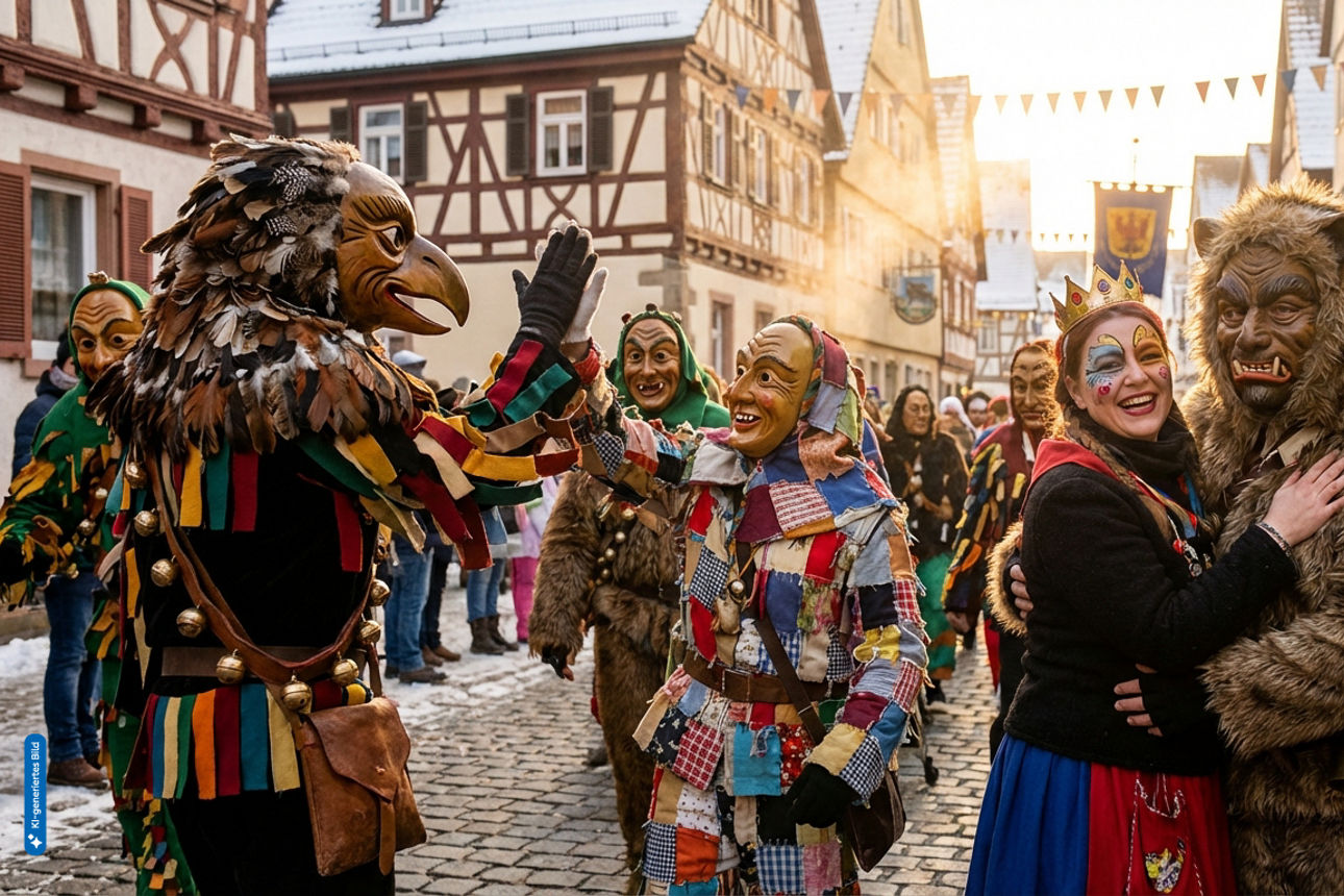Buntes Faschingstreiben mit Kostümträgern auf verschneiten Straßen mit Fachwerkhäusern im Hintergrund