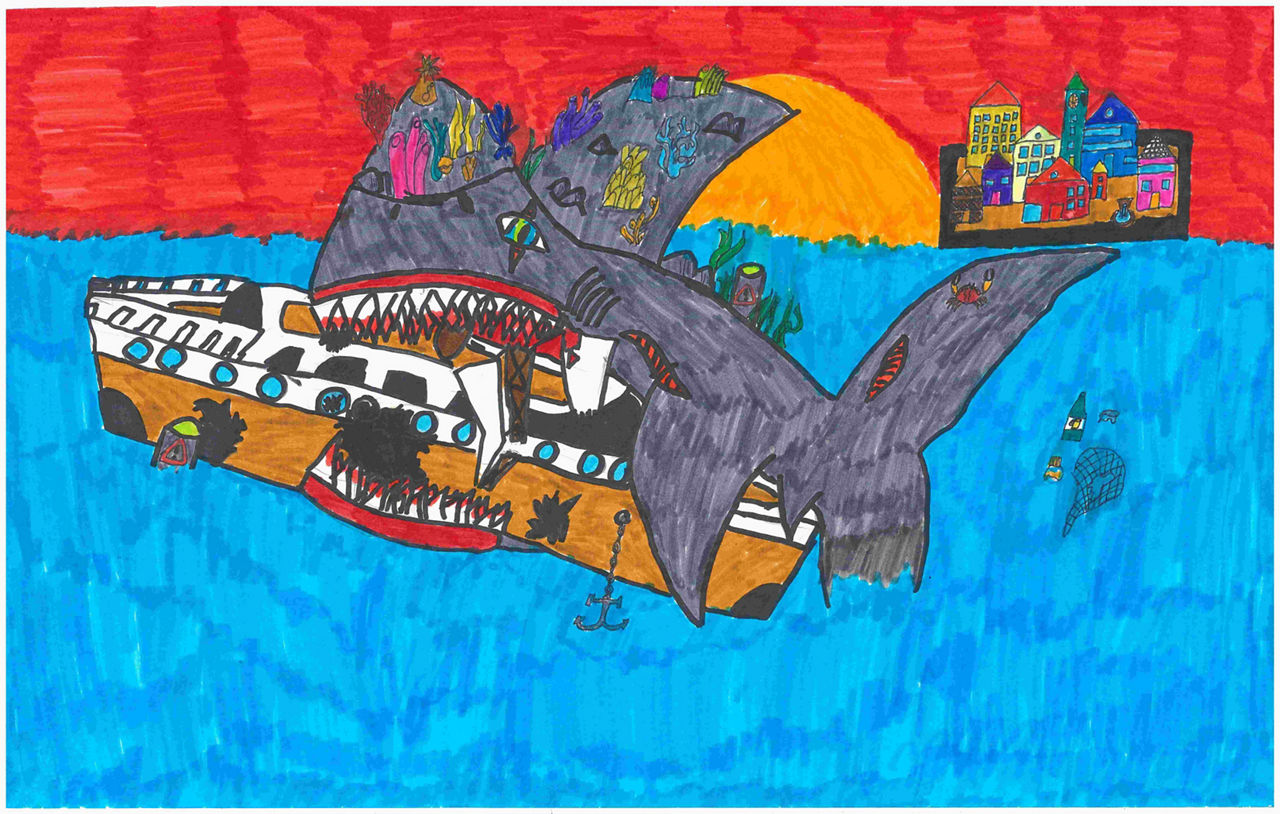 Altersgruppe 3 Platz 8 - Megalodon, der ein Boot mit Umweltverschmutzern frisst