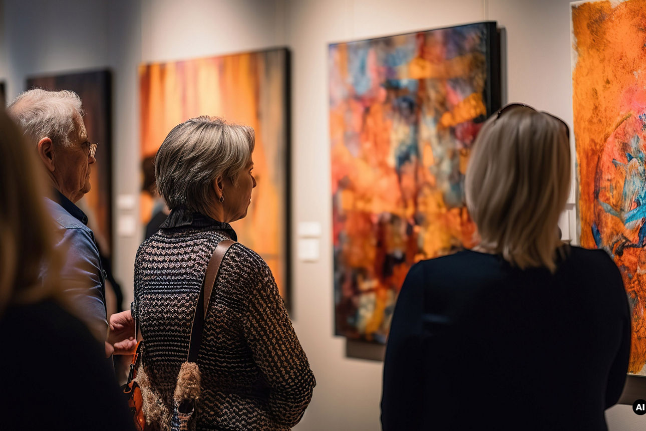 Mehrere Menschen stehen vor einer Bilderausstellung