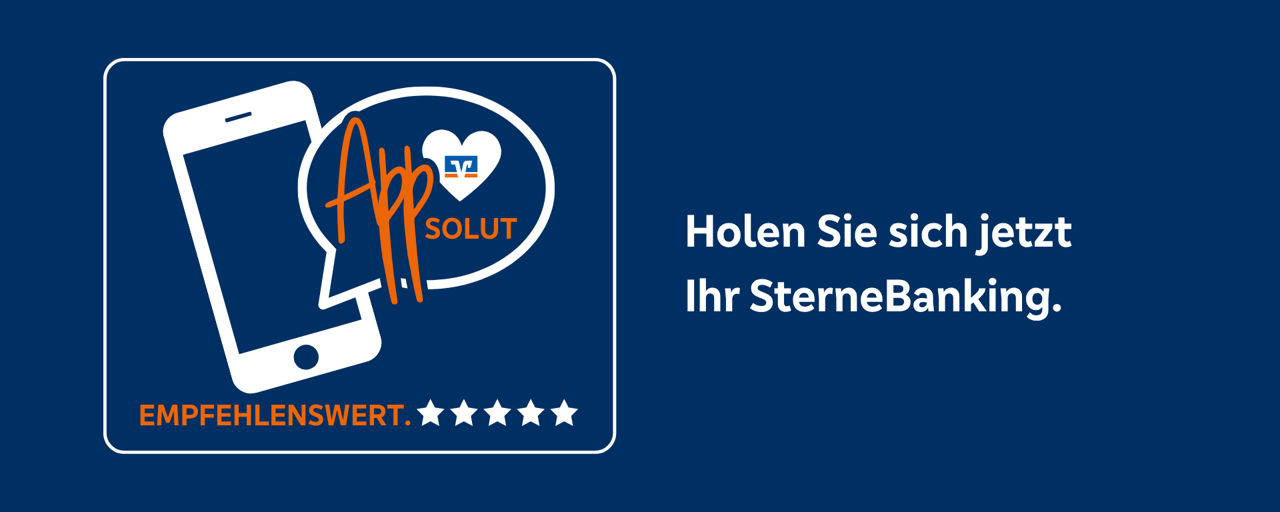 blauer Hintergrund mit weißer Smartphone-Grafik und Spruch Holen Sie sich jetzt Ihr SterneBanking