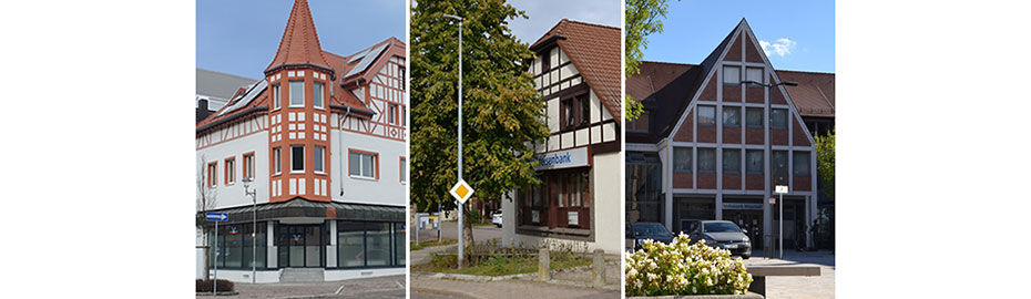 Drei unterschiedliche Gebäude, jedes mit seinem eigenen einzigartigen architektonischen Stil