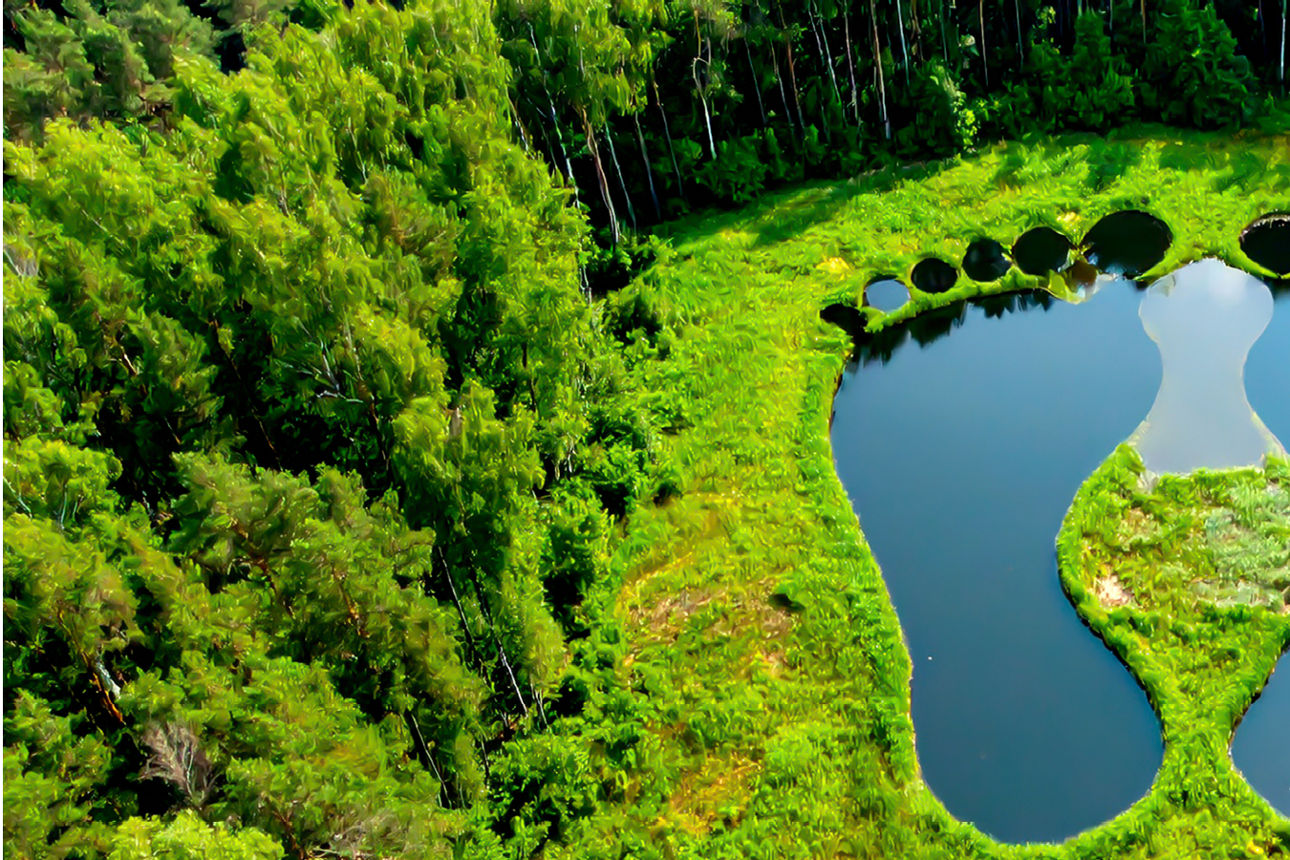 Foto von oben auf eine grüne Waldfläche mit einem Gewässer als Fussabdruck 