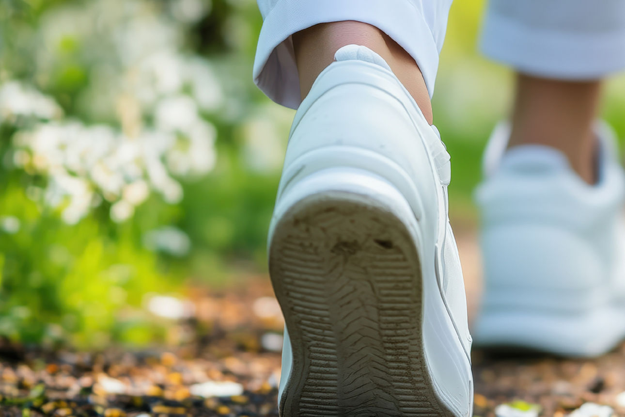 eine Person läuft über einen Weg mit Blumen