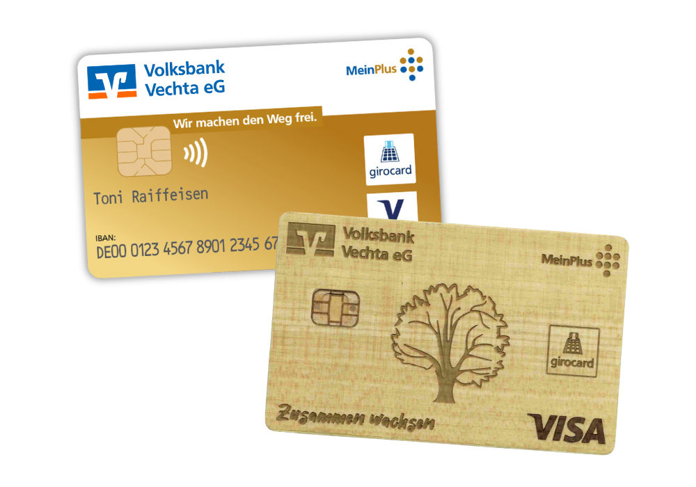 Abbildung goldene Girocard und Girocard aus Holz