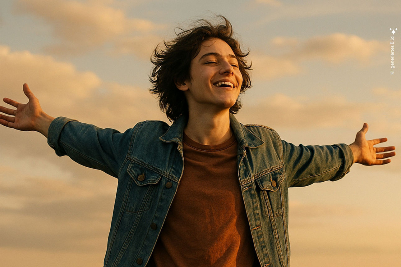 Junger Mann mit ausgebreiteten Armen steht in der Sonne