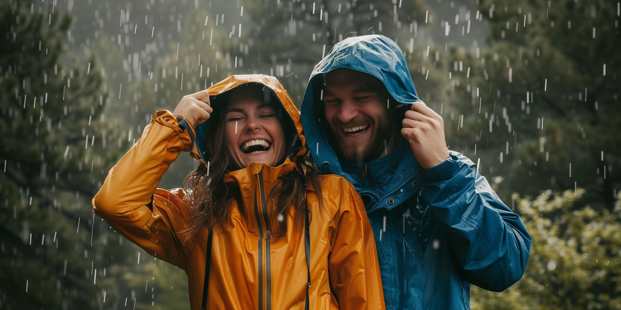 Eine Frau und ein Mann stehen lachend im Regen