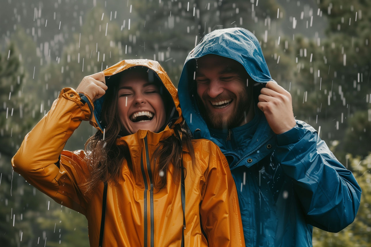 Eine Frau und ein Mann stehen lachend im Regen