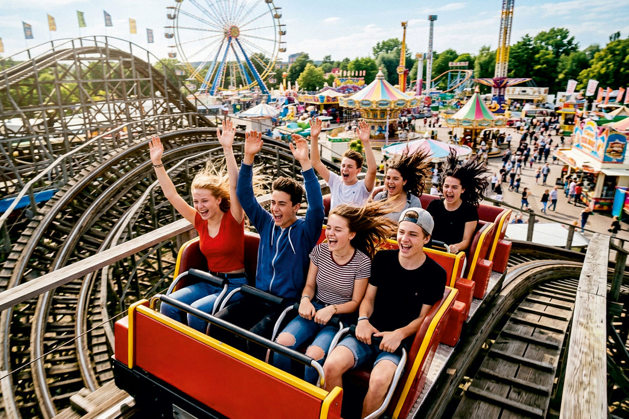 Sieben junge , lachende Menschen sitzend in einer fahrenden Achterbahn. 