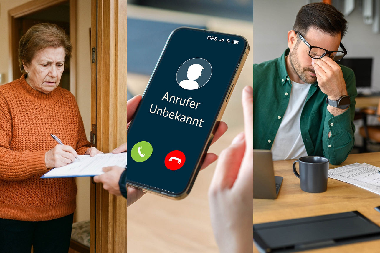 Verschiedene Betrugsmaschen an der Haustür, online oder am Telefon.