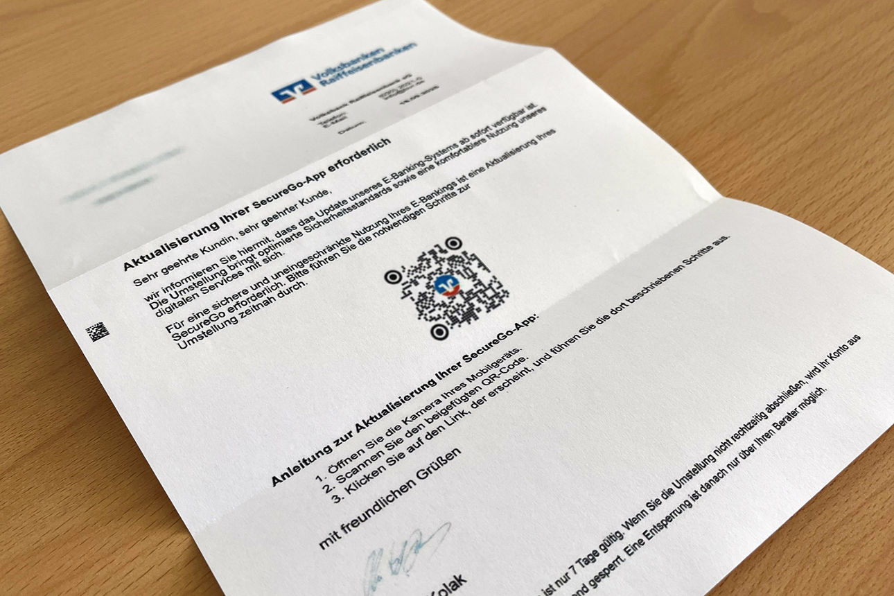 Achtung! Quishing-Briefe im Namen der Volks- und Raiffeisenbanken