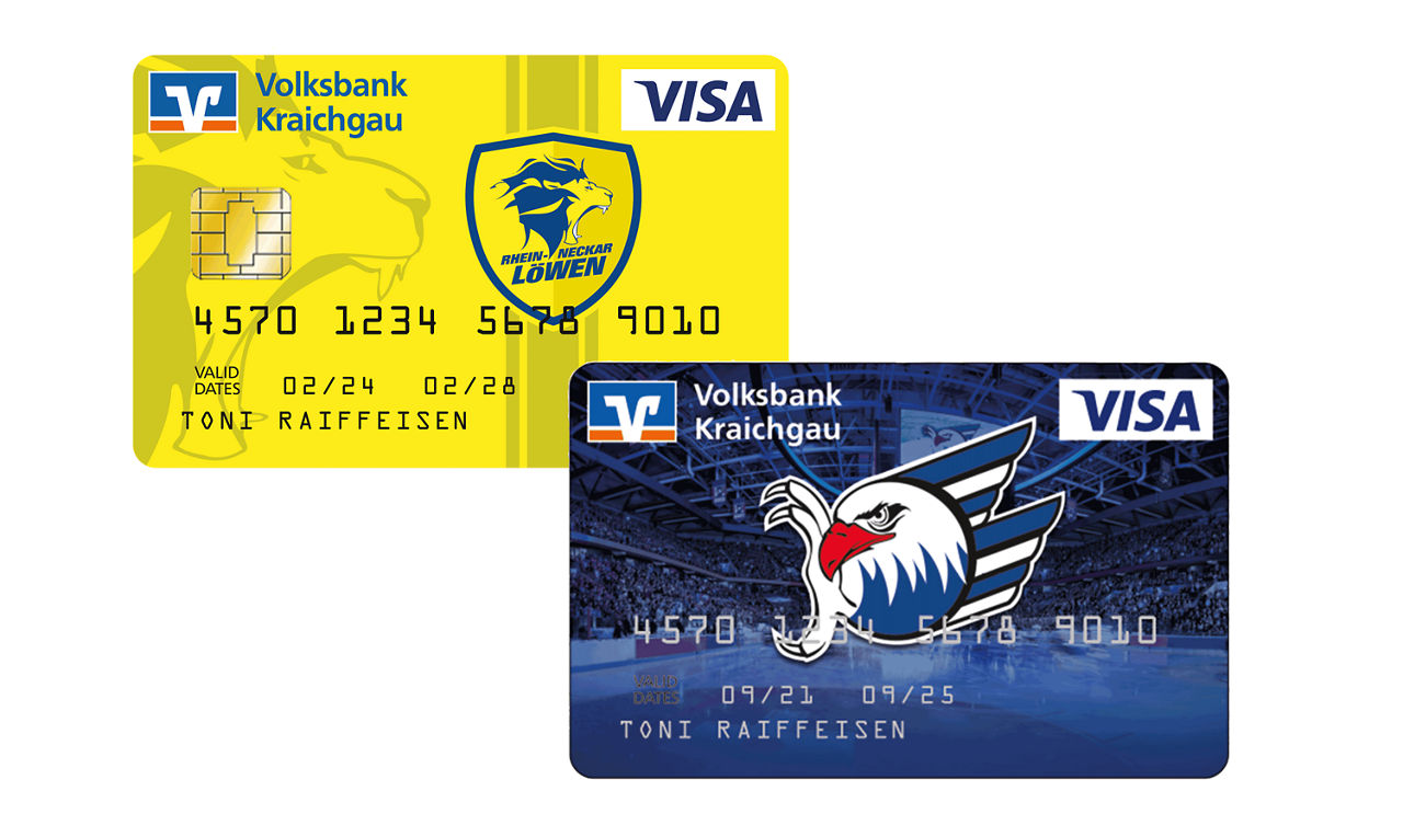 Visa-Karten im Design der Rhein-Neckar Löwen und Adler Mannheim