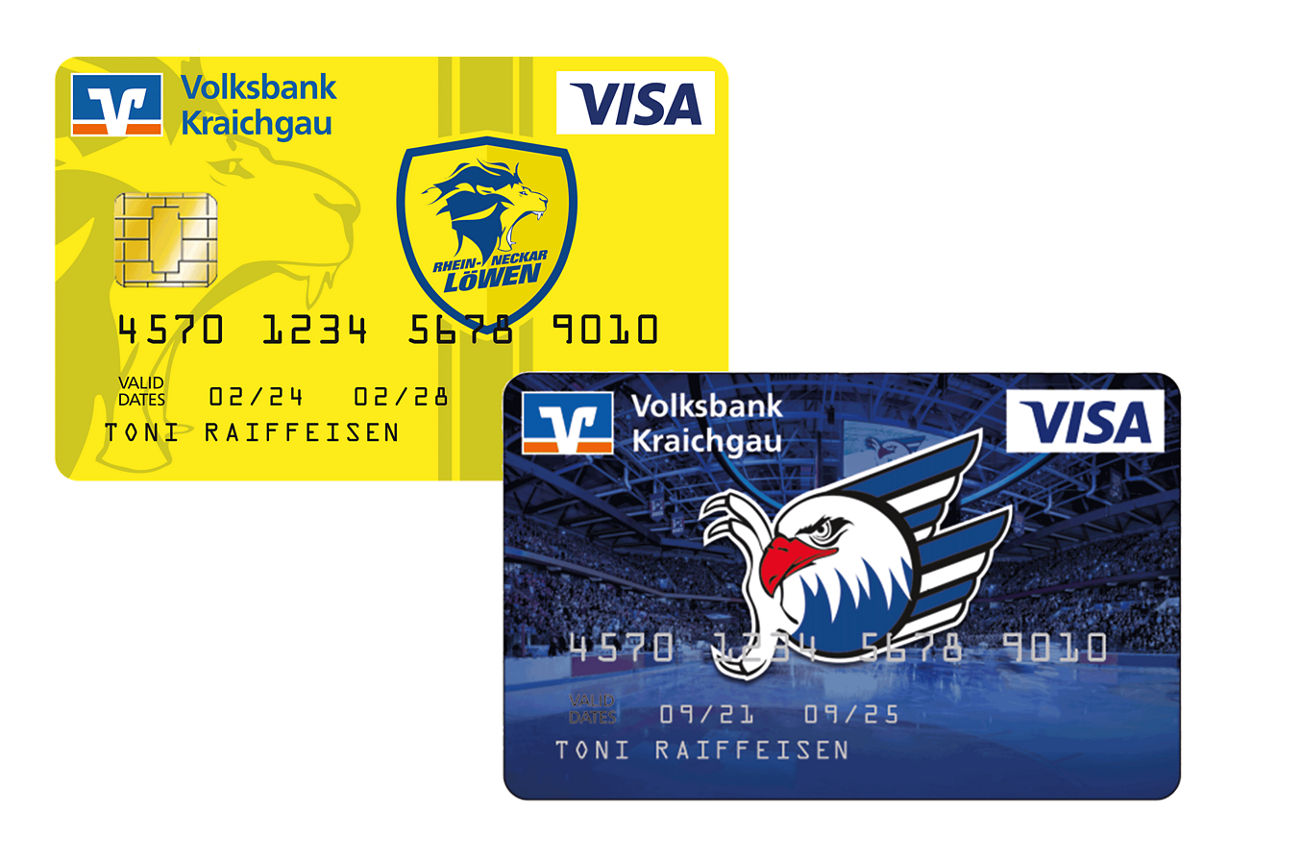 Visa-Karten im Design der Rhein-Neckar Löwen und Adler Mannheim