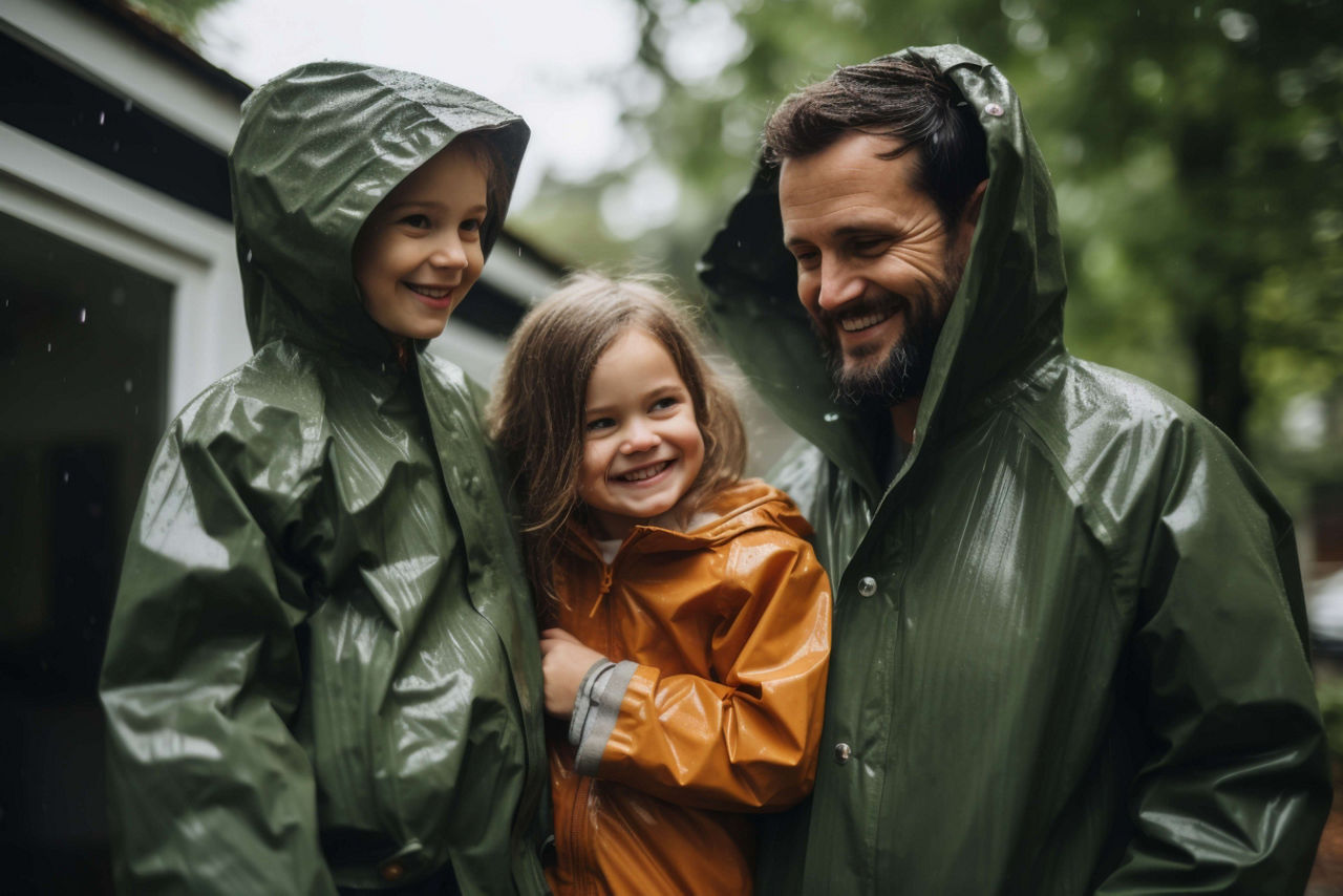 Porträt einer lächelnden Familie vor dem Haus bei Regen
