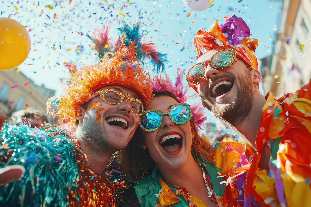 Drei bunt kostümierte Personen lachen in die Kamera