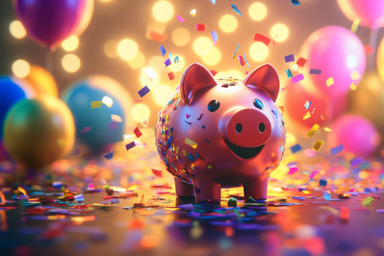 Lächelndes rosafarbenes Sparschwein mit Konfetti und bunten Luftballons im unscharfen Hintergrund