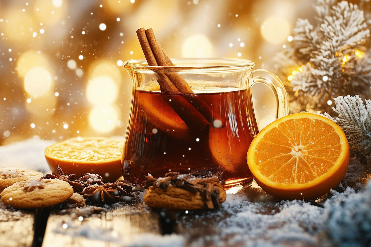 Weihnachtliche Kulisse mit Glühwein und Orange