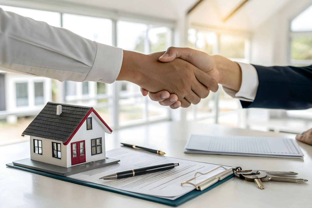 ein Tisch mit einem Miniaturhaus und Verträgen sowie zwei Arme die sich die Hand geben