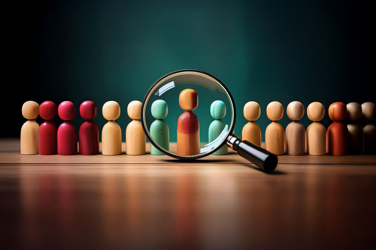 Mehrere bunte Holzfiguren stehen nebeneinander. Eine Figur in der Mitte wird durch eine große Lupe hervorgehoben und fokussiert.