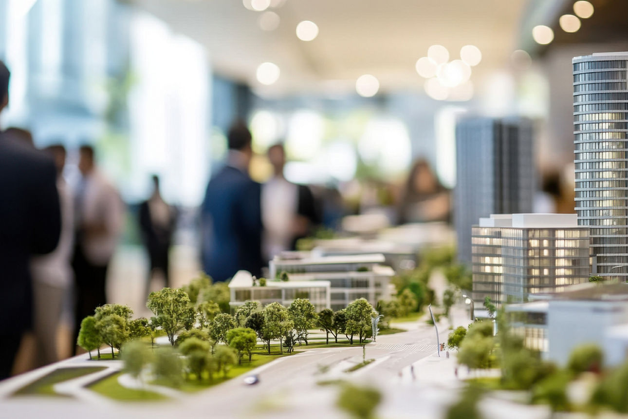 Eine Messe zum Thema Immobilien, mit Miniaturgebäuden und Menschen im Hintergrund