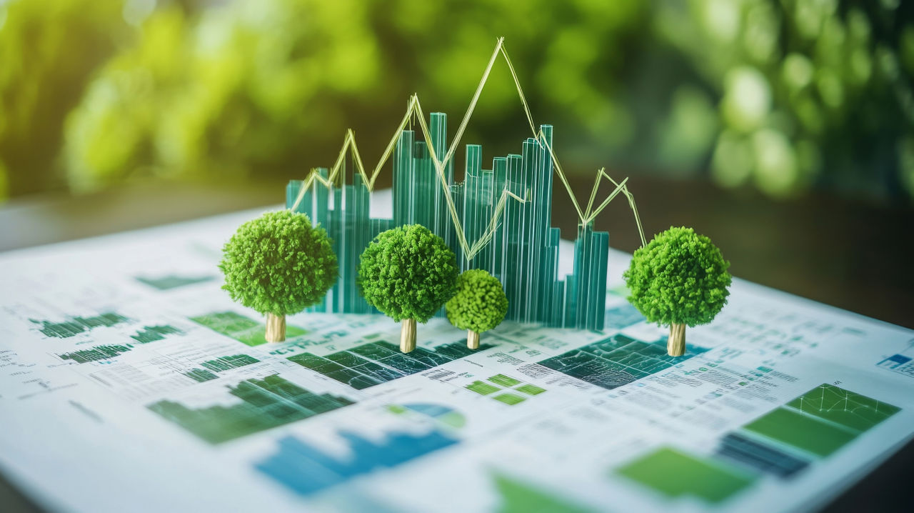 Visualisierung eines Berichts mit grünen GRafiken und darüberliegend mit einer 3D-Visulaisierung von Bäumen, Natur und Wald.