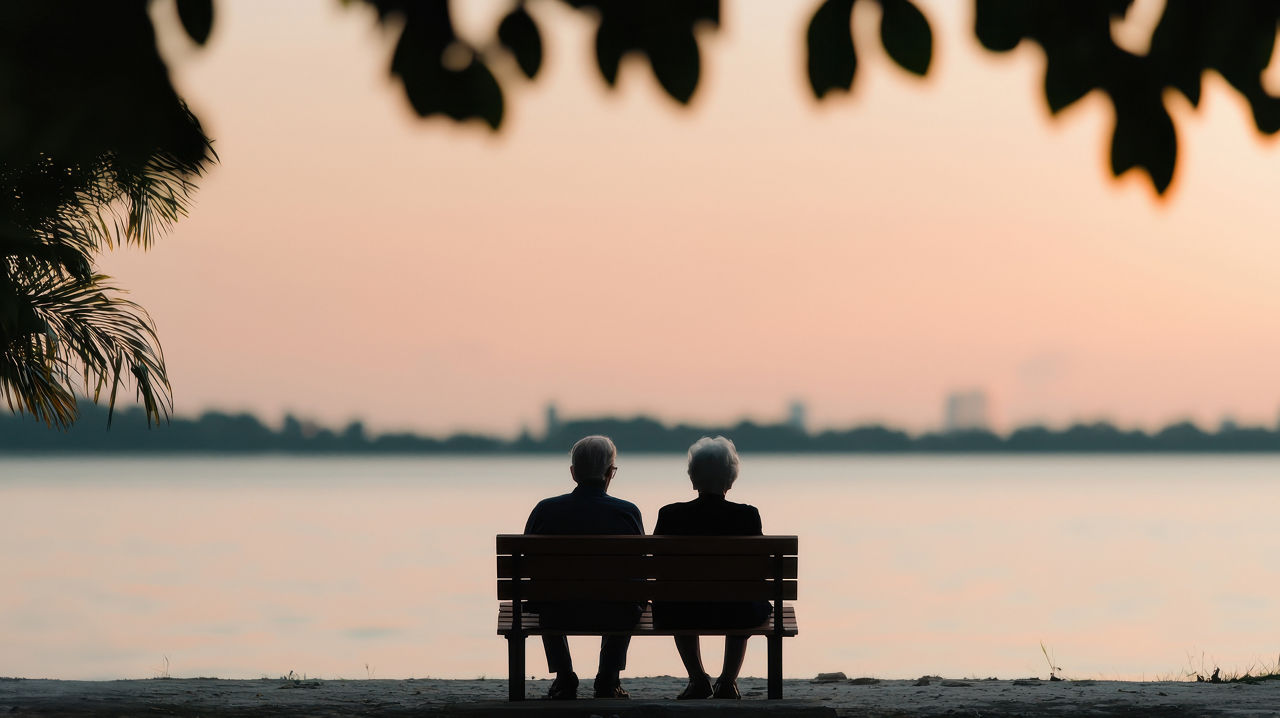 Frau und Mann sitzen auf einer Bank und sehen sich die Abenddämmerung an 