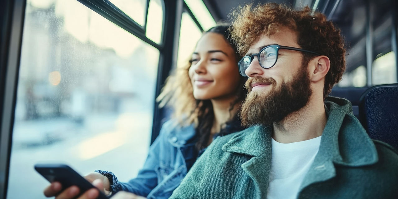 Paar sitzt im Bus und schaut glücklich aus dem Fenster