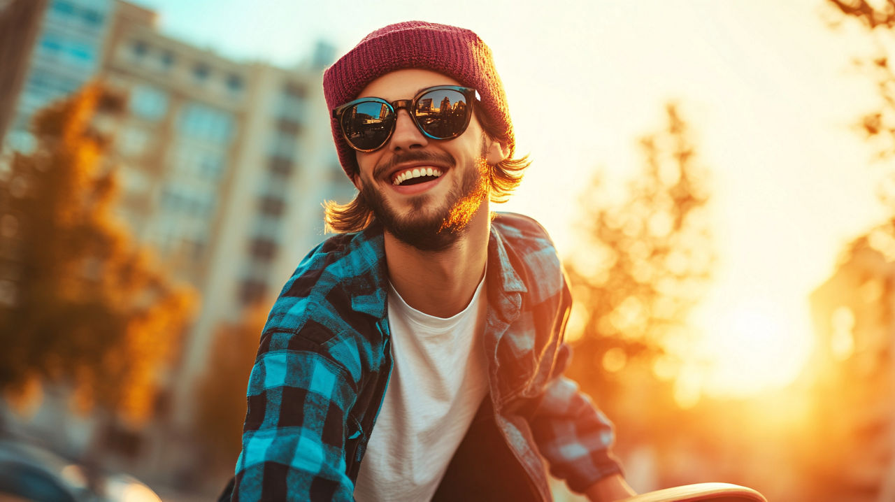 Wohngebäudeversicherung Porträt eines glücklichen Mannes mit Sonnenbrille und Mütze, der einen farbenfrohen Sonnenuntergang in einer städtischen Umge