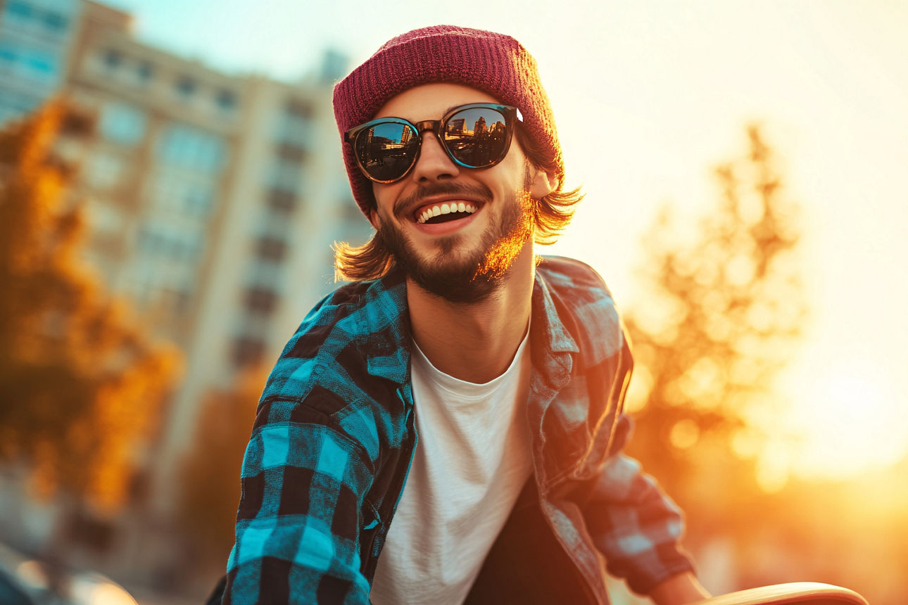 Wohngebäudeversicherung Porträt eines glücklichen Mannes mit Sonnenbrille und Mütze, der einen farbenfrohen Sonnenuntergang in einer städtischen Umge