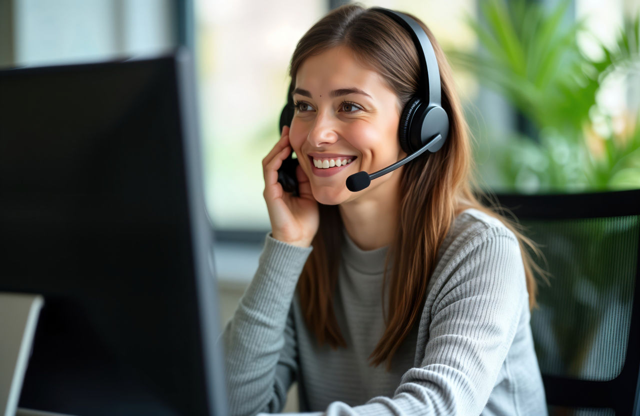 Junge Frau mit Headset sitzt lächelnd vor dem Computer-Bildschirm.