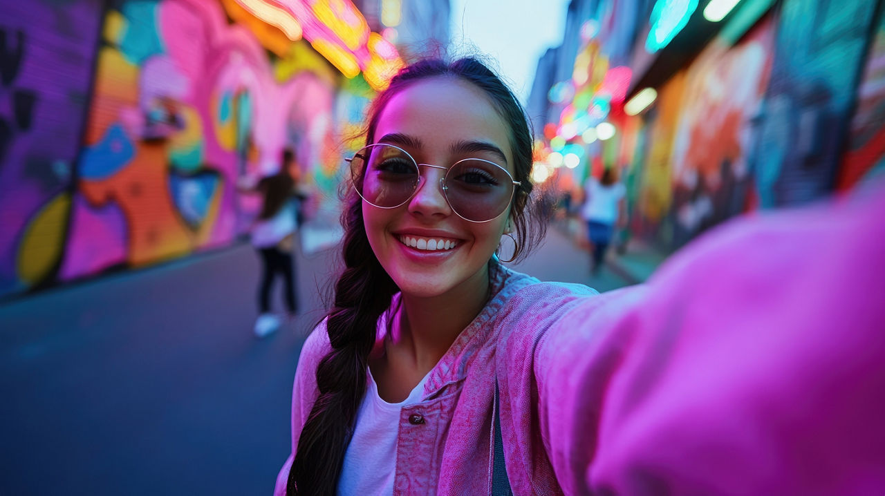 Lächelnde Frau mach ein Selfie. SIe trägt eine runde Sonnenbrille und eine pinke Jacke. Sie befindet sich in einer Straße mit Graffiti an der Wand.