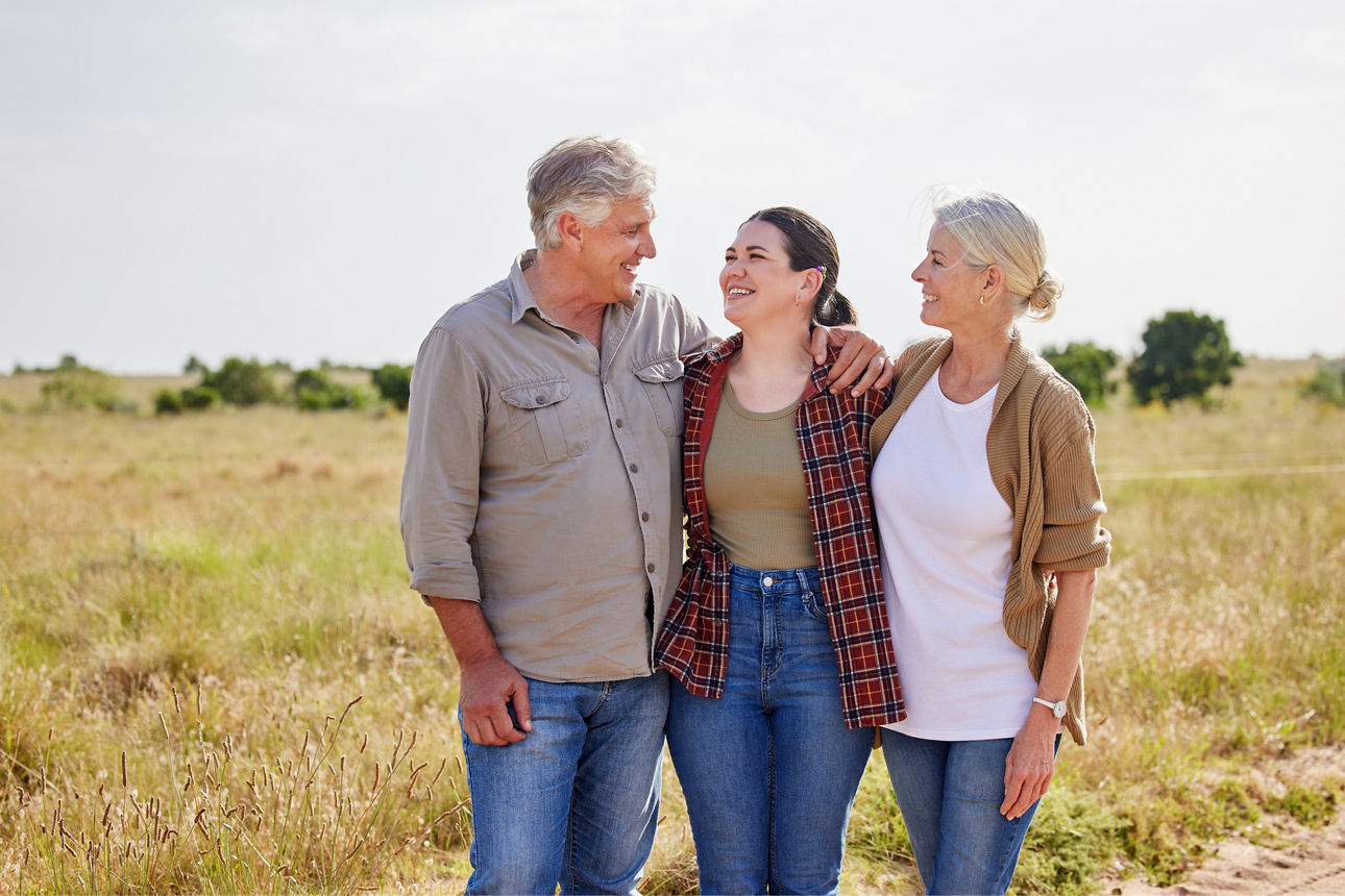 Family, children and portrait at farm, chicken or love in summer, outdoor or smile with bonding in countryside. People, kids and happy on field for poultry, meat or egg production with care in Spain.