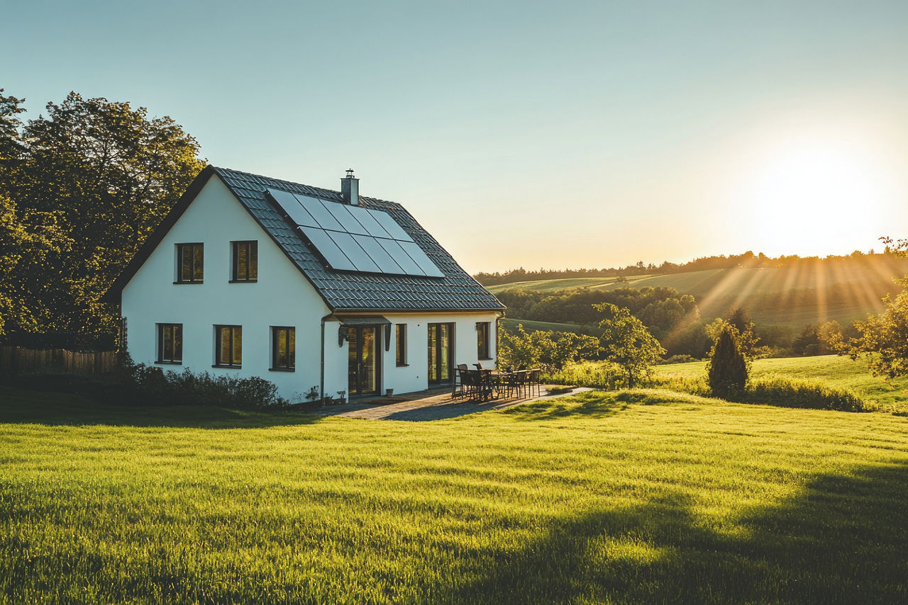 Einfamilienhaus in der Natur und Solarplatten auf dem Dach