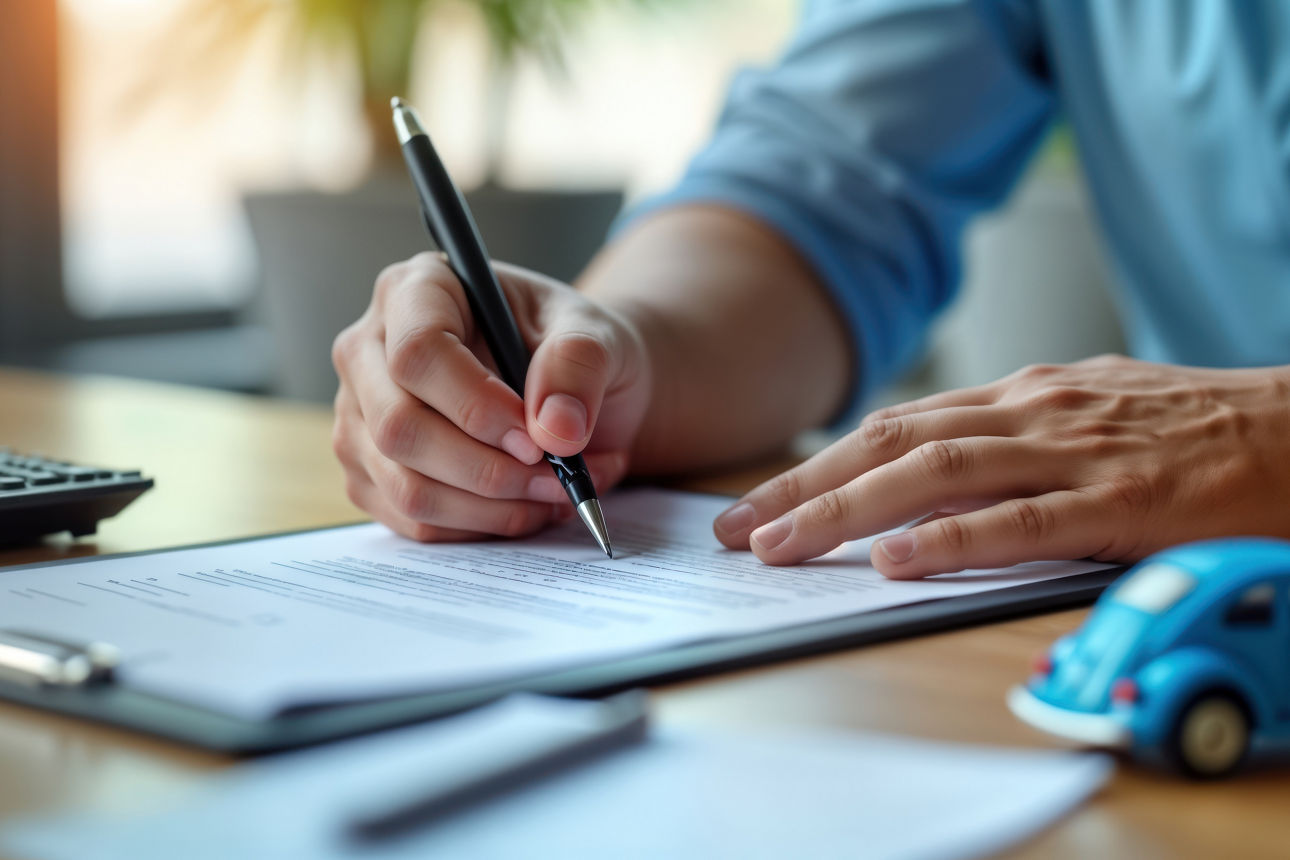 Die Person unterschreibt die Dokumente für den Kauf. Der Handelsvertreter erklärt die VertragsbedingungenDie Person unterschreibt die Dokumente für den Kauf. Der Handelsvertreter erklärt die Vertragsbedingungen