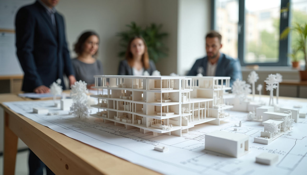 Geschäftsteamsitzung nahe dem Baumodell im Büro. Architekt, Ingenieure und Investoren besprechen Projektdetails. Modernes Unt