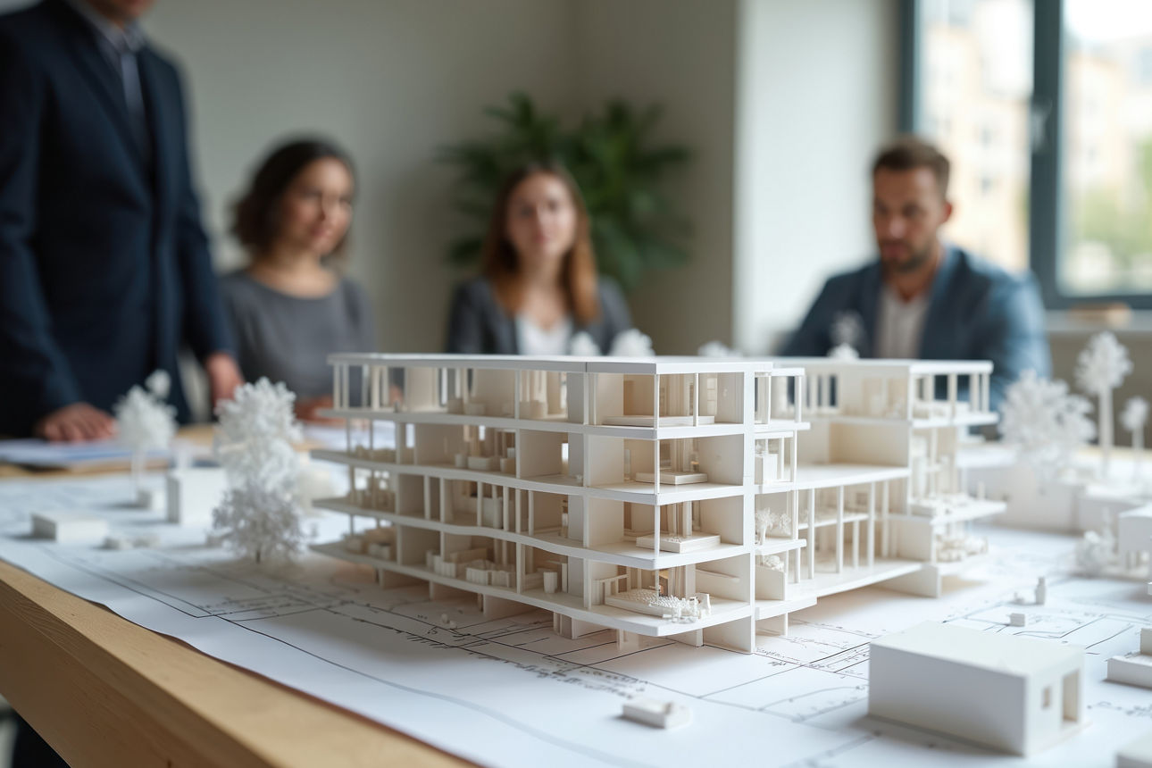 Geschäftsteamsitzung nahe dem Baumodell im Büro. Architekt, Ingenieure und Investoren besprechen Projektdetails. Modernes Unt