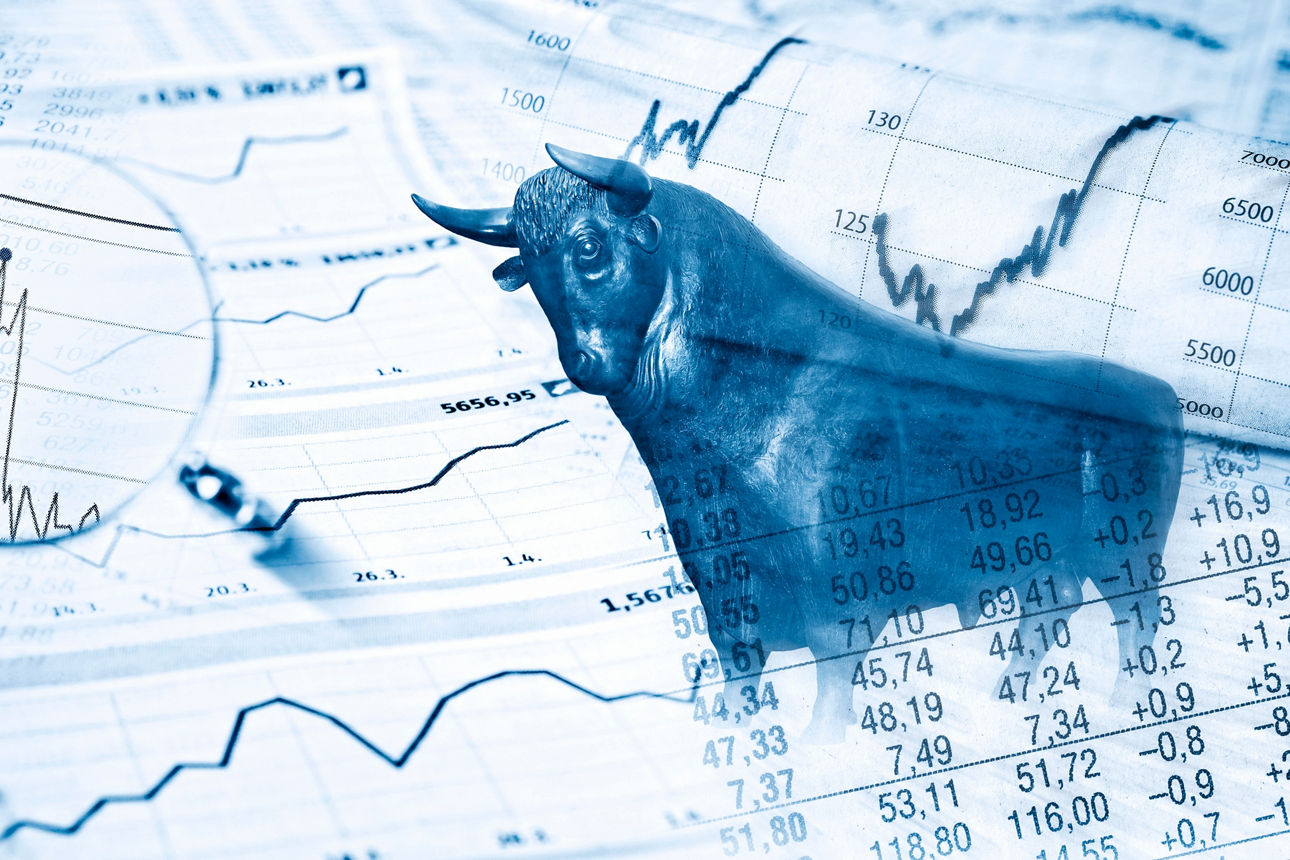 Bulle, Bär, Diagramme und Kurstabellen als Symbole für die Börse