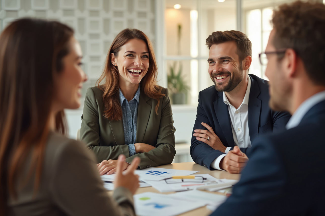 Lächelnde Mitarbeitende in einer Besprechung sitzend.