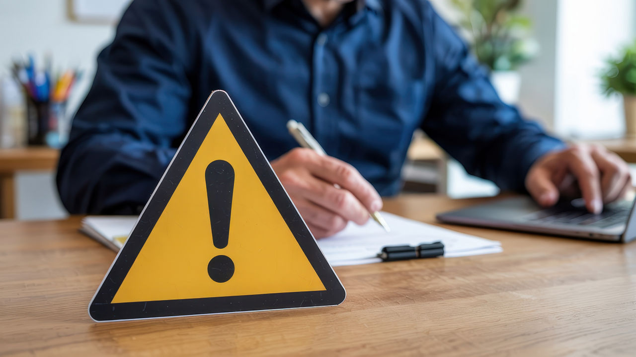 Ein gelbes Warndreick und im Hintergrund arbeitet eine Person am Schreibtisch