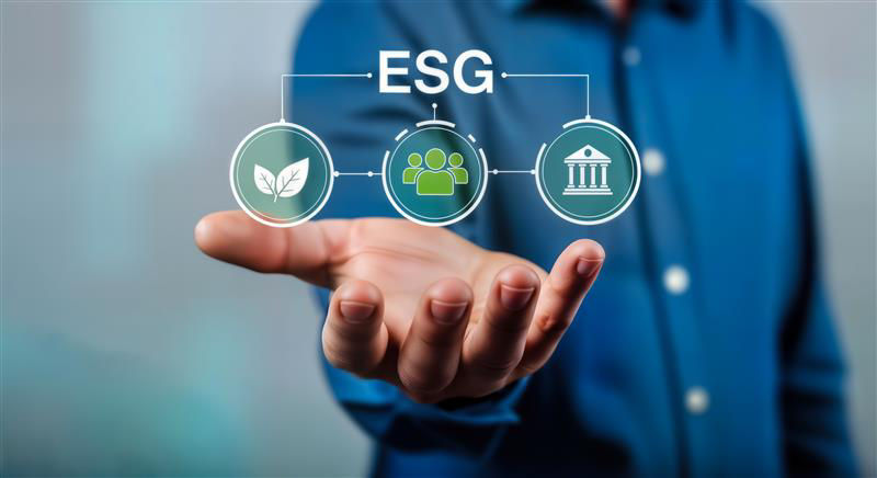 Eine geöffnete Hand zeigt drei ESG-Symbole für Umwelt, Soziales und Governance, verbunden durch ein Diagramm.