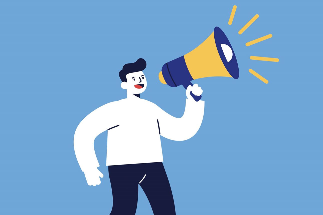 gezeichnete Person mit Megafon in der Hand auf blauem Hintergrund