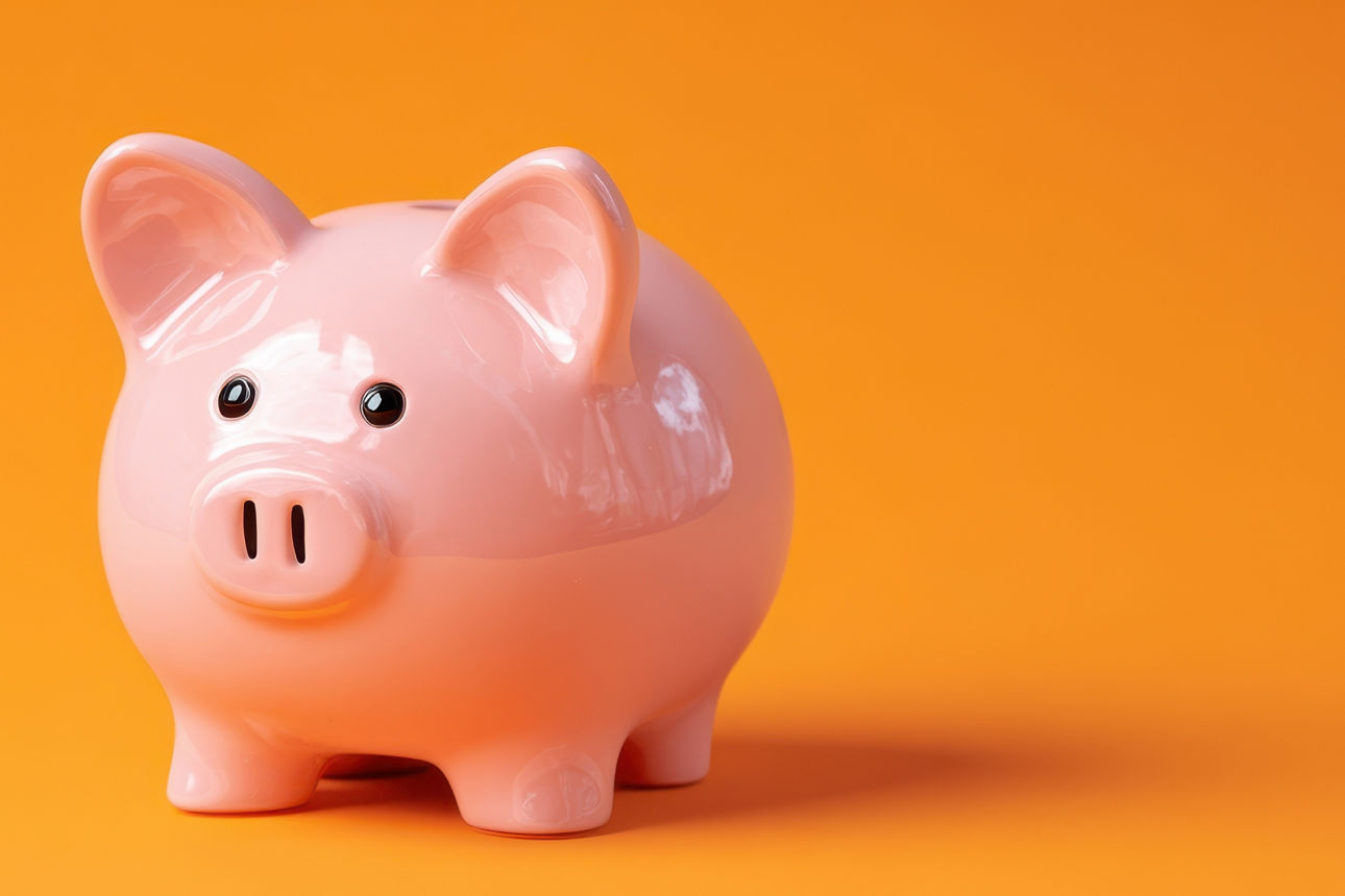 rosa Sparschwein vor orangefarbenem Hintergrund