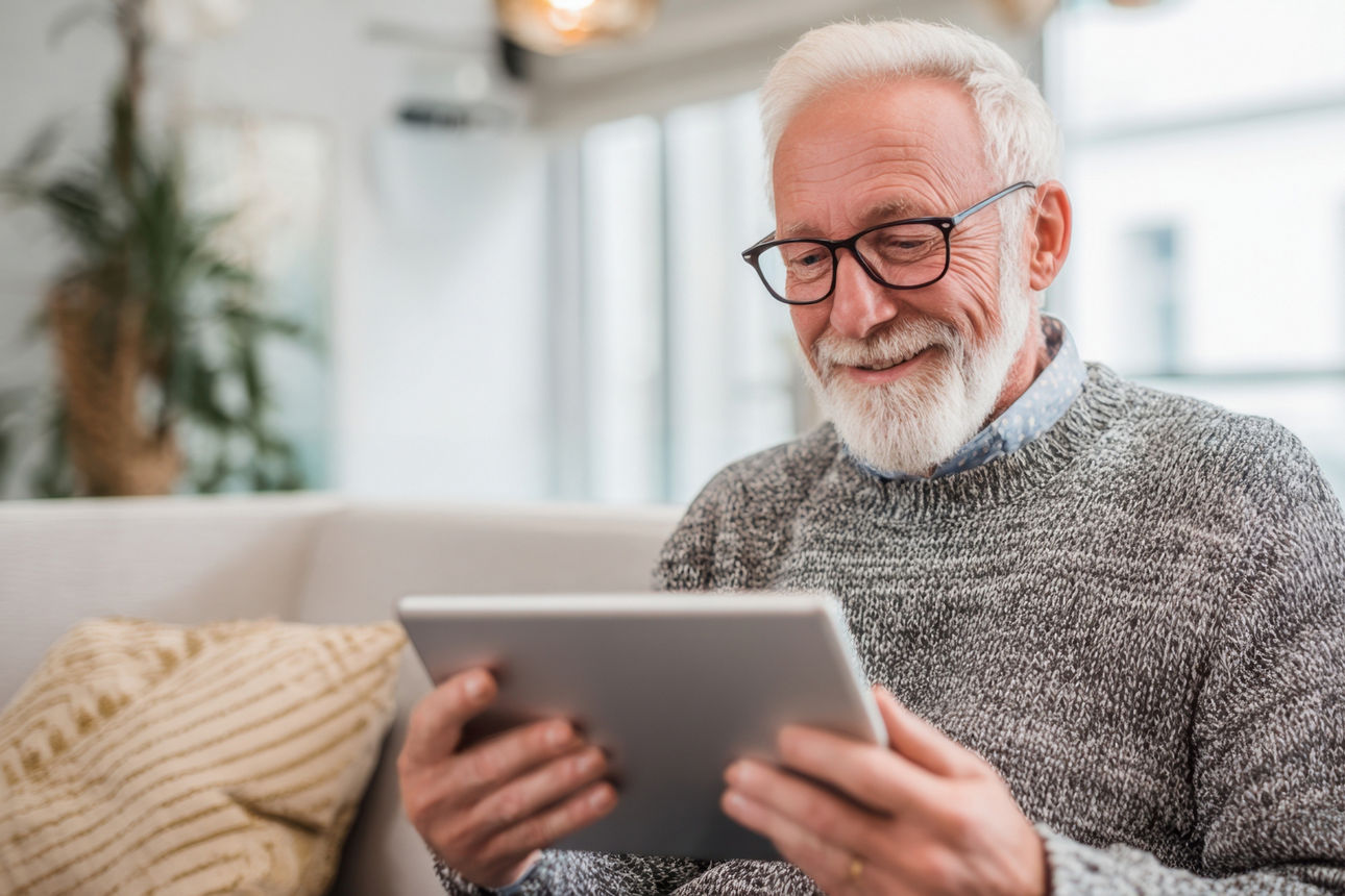 Älterer Herr sitzt auf dem Sofa und hat ein Ipad in der Hand 