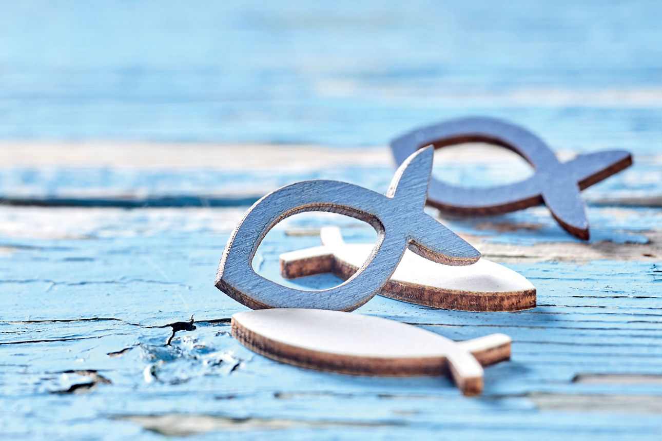 Fischformen aus weißem und blauem Holz vor hellblauem Hintergrund.