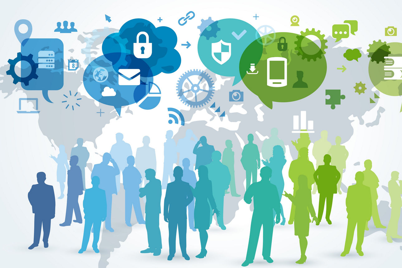 Ein globales Netzwerk von Menschen, die durch verschiedene Technologien und Kommunikationskanäle miteinander verbunden sind